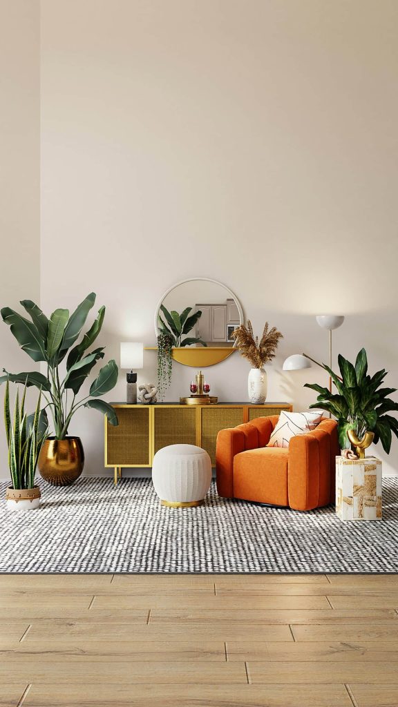 Decorating large leaf floor plants by a couch and mirror