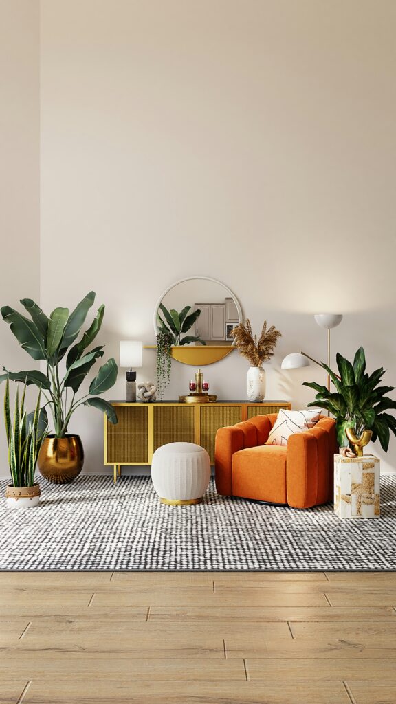 large leaf floor plants by the couch