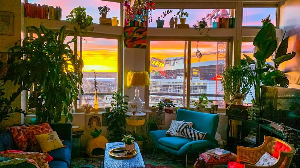 air purifying indoor plants in a living room