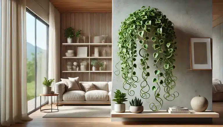 A Hoya Rope Plant styled on a floating shelf in a modern living room. The plant has curly, twisted, heart-shaped, waxy cascading green leaves 