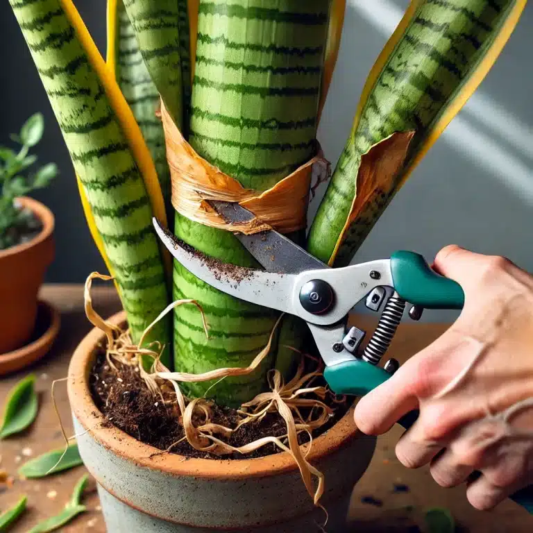 A close-up image showing the pruning of a cylindrical snake plant. The shears are making a clean cut at the base of a yellow, damaged leaf.