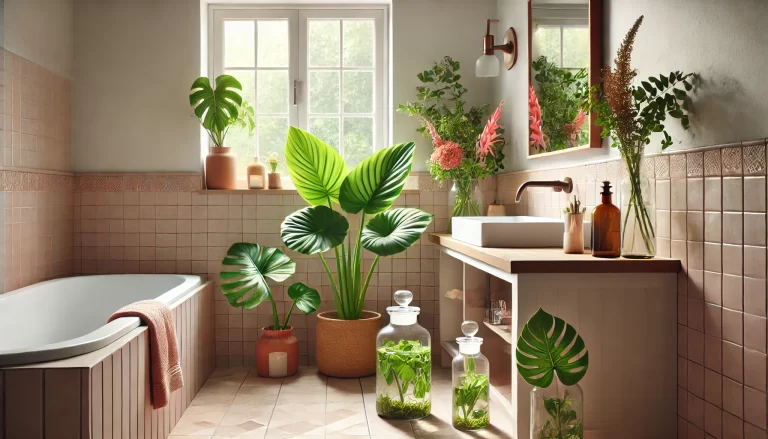 A cozy bathroom with a spa-like vibe, featuring an Alocasia Hilo Beauty plant in a terracotta pot placed near the sink. Next to it are DIY glass jar.