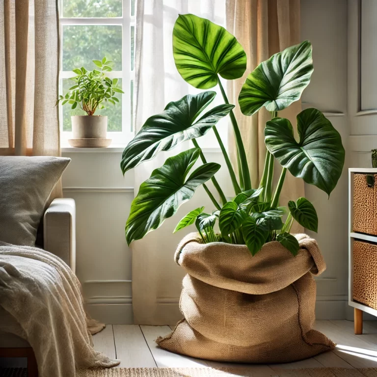 A cozy corner of a living room or bedroom with an upcycled fabric planter made from old canvas or jute bags, giving it a rustic and eco-friendly vibe.