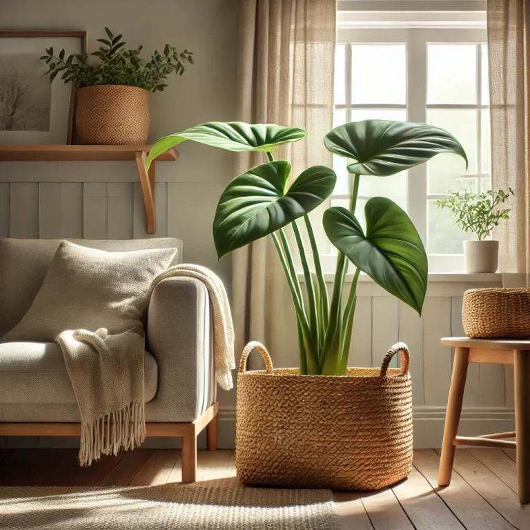 A-cozy-living-room-or-home-office-with-an-Alocasia-Hilo-Beauty-placed-in-a-woven-basket-made-from-eco-friendly-jute-or-seagrass-on-a-low-shelf