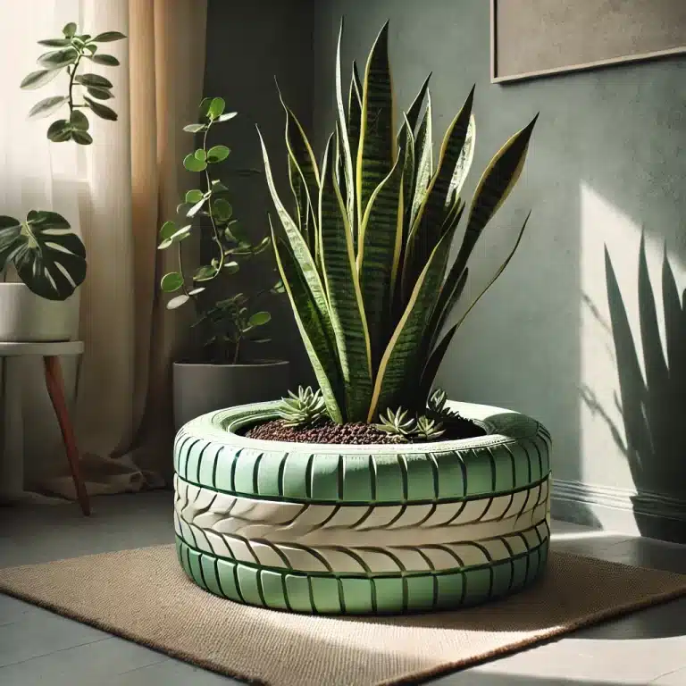 A creative home décor scene featuring an old tire turned into a modern planter. The tire is painted in soft, muted tones like sage green and cream.