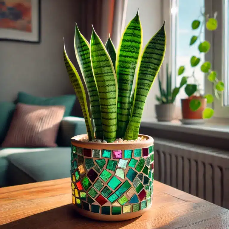 A cylindrical snake plant with tube-like green leaves, placed in a basic clay pot decorated with a DIY mosaic design using broken pieces of glass.