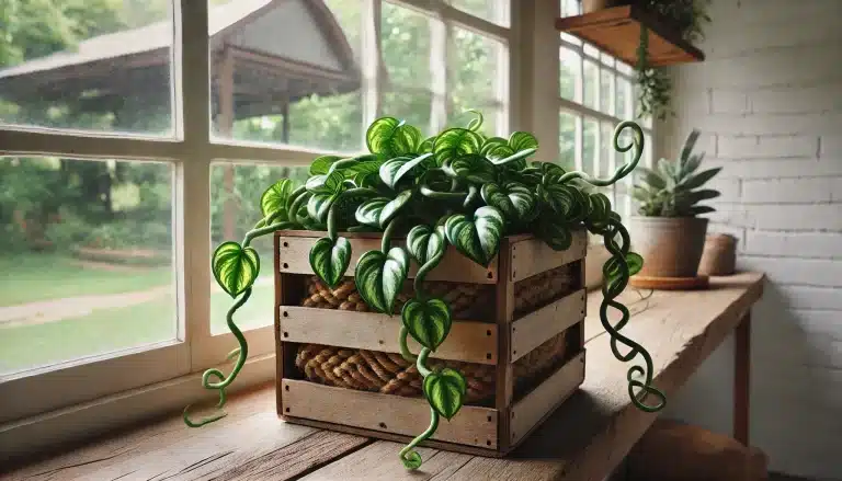 A rustic and eco-friendly design featuring a Hoya Rope Plant repurposed in a vintage wooden wine crate, now placed on a windowsill. 