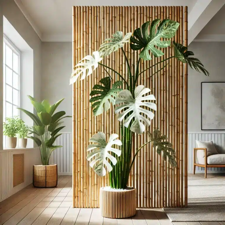 A serene indoor space featuring a tall, eco-friendly bamboo room divider placed near an east-facing window. The bamboo sticks are golden in tone 