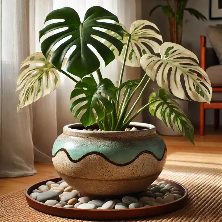 A stylish Monstera Albo plant in an old ceramic bowl repurposed as a planter, with drainage holes at the bottom. The planter sits on a pebble-tray