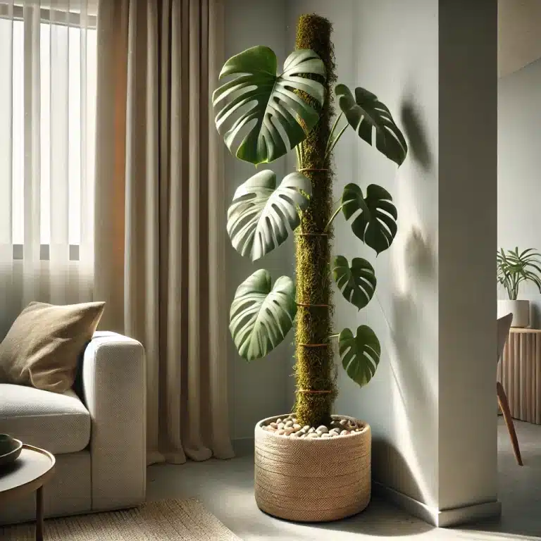 A stylish indoor scene featuring a Monstera Albo (Monstera White) climbing a DIY moss pole made from eco-friendly coconut coir.