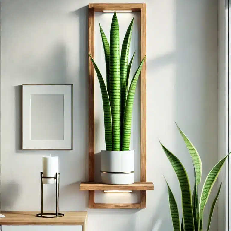 A vertical display featuring a cylindrical snake plant with tube-like leaves, placed directly on a floating wooden shelf or wall bracket in an office.