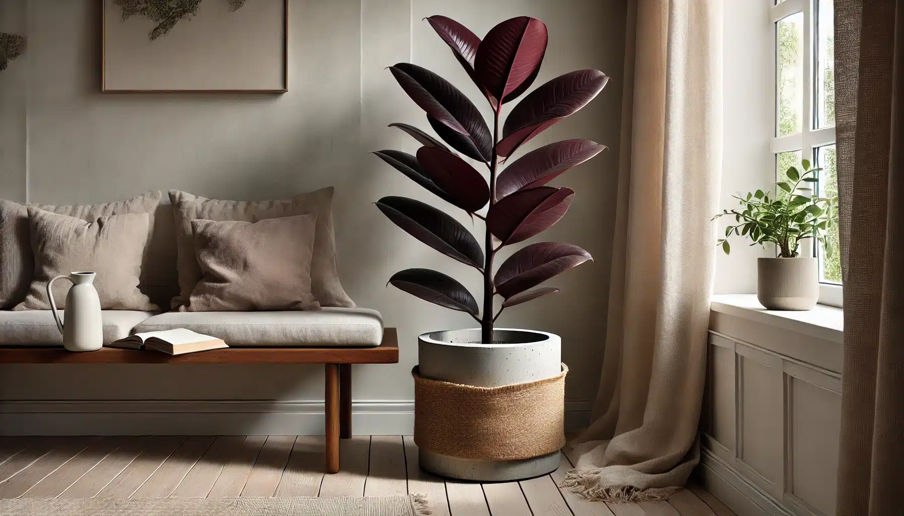 A Burgundy Rubber Plant with deep, dark leaves placed in a lightweight concrete pot, positioned in a cozy reading nook with pale, neutral surroundings