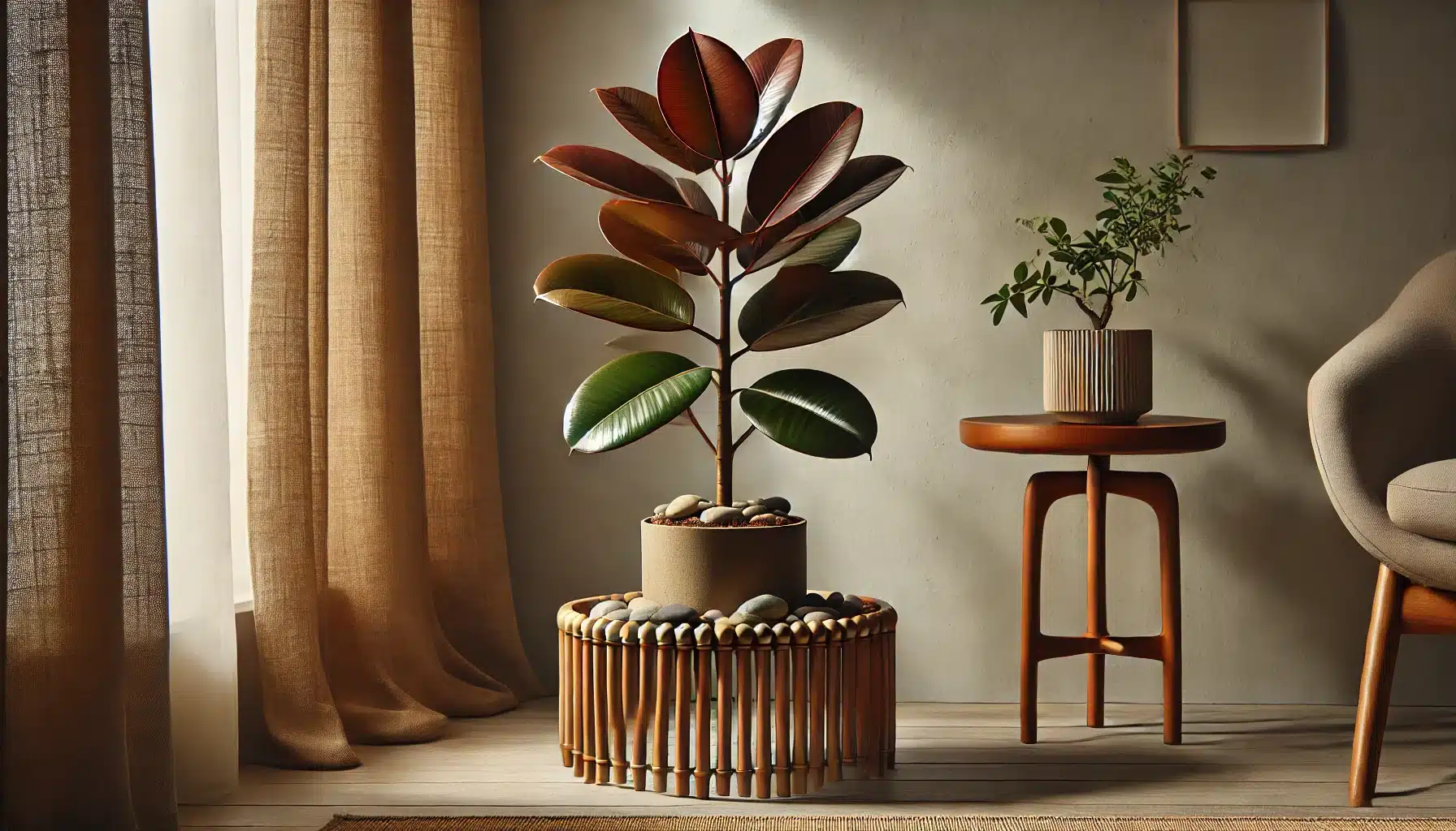 A burgundy rubber plant with glossy, oval leaves displayed on a mid-century-inspired plant stand made of bamboo or recycled materials. 