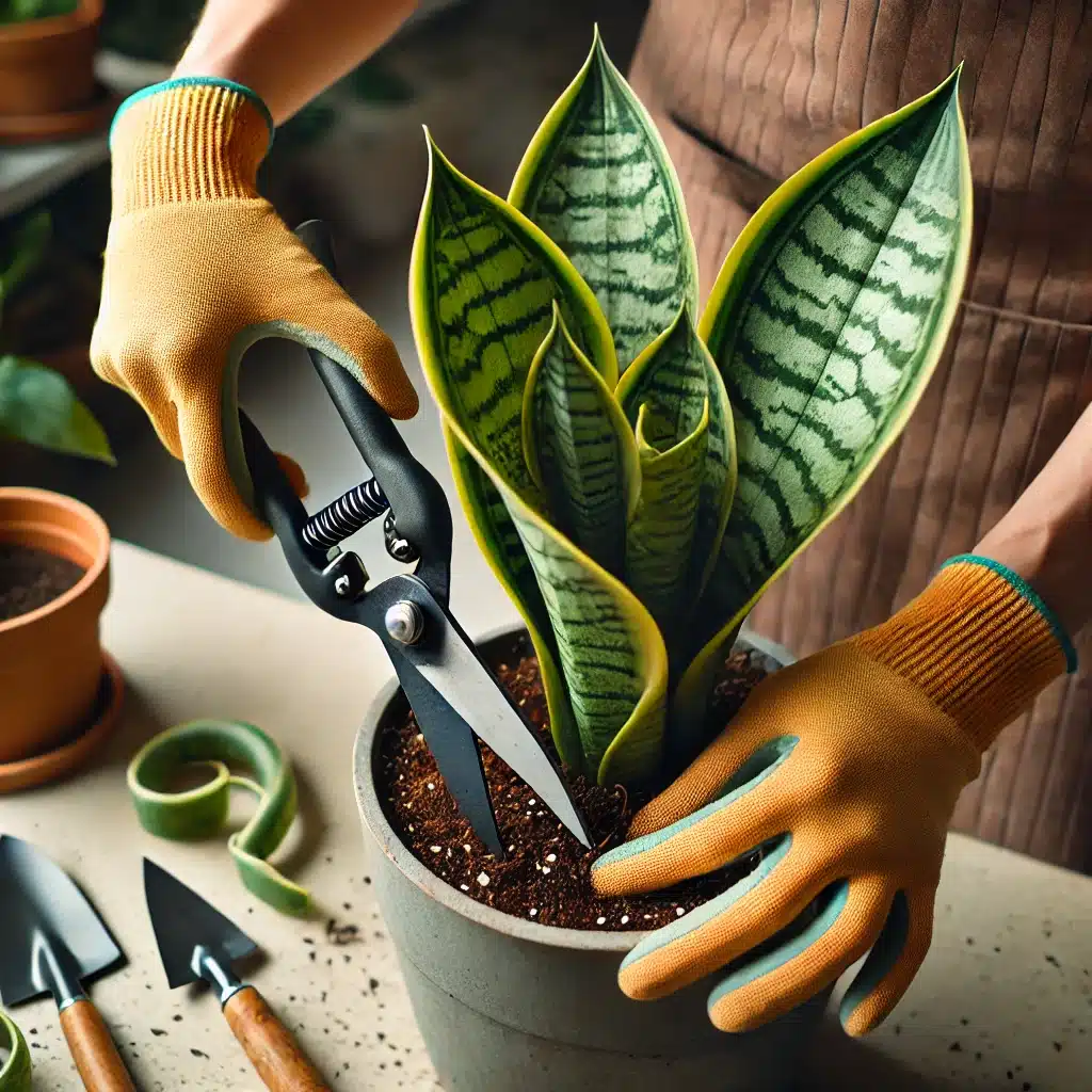 A close-up of a person pruning a whale fin snake plant. The plant has broad, paddle-shaped leaves, and the person is using gardening shears at base