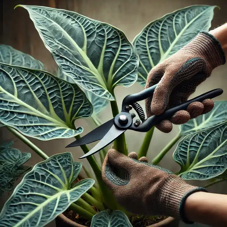 A close-up view of an Alocasia Jacklyn plant with its distinctive elongated, green and textured leaves and a sturdy stem. Gloved hands hold shears