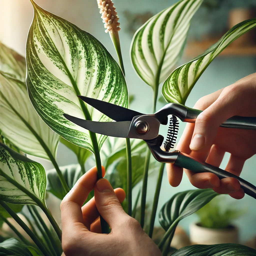 A close-up view of pruning a variegated Peace Lily, showing a pair of garden shears cutting precisely at the node where pruning is intended. The varie