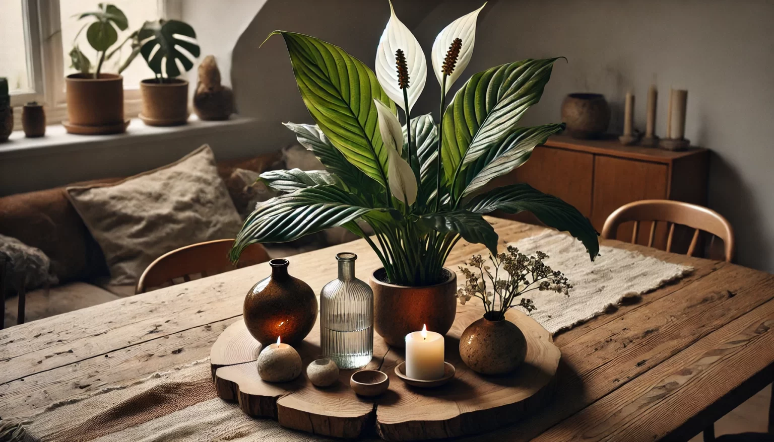 A cozy dining or coffee table setup with a Peace Lily plant, featuring its bold, variegated green leaves and elegant white flowers