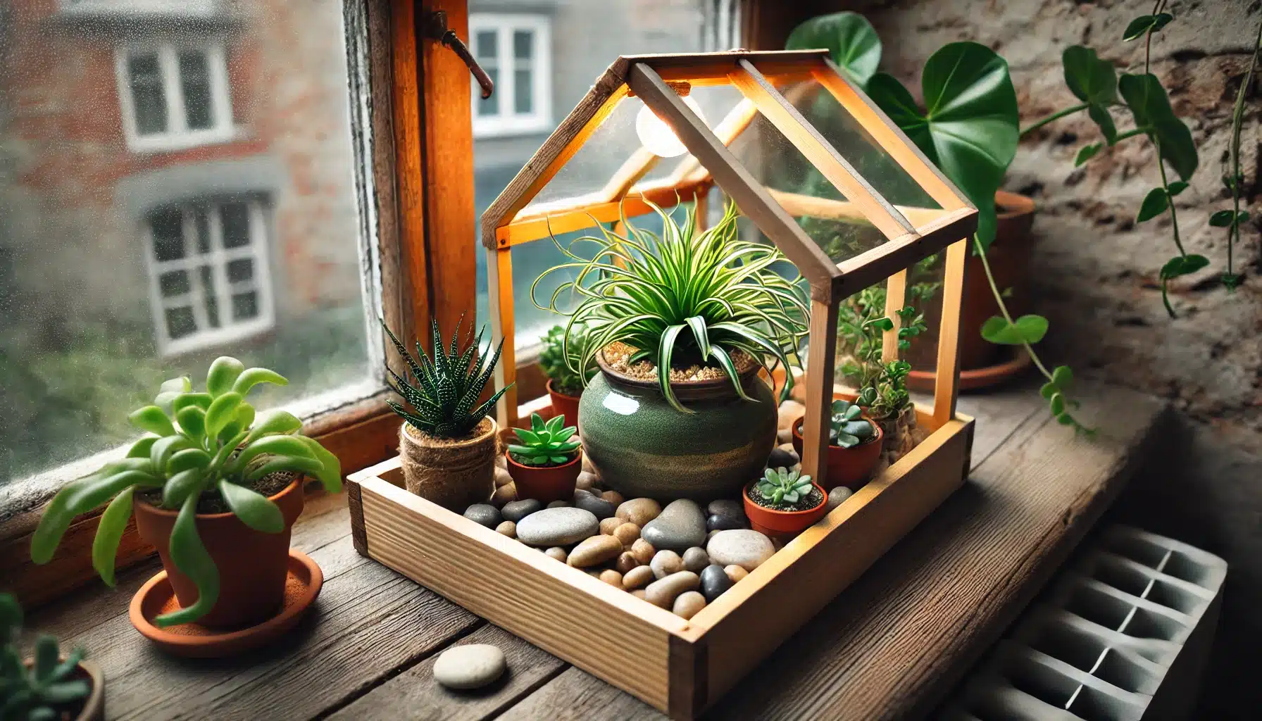 A cozy indoor greenhouse setup on a bright windowsill featuring a medium-sized upcycled ceramic pot with a curly Spider Plant. The pot sits on a water