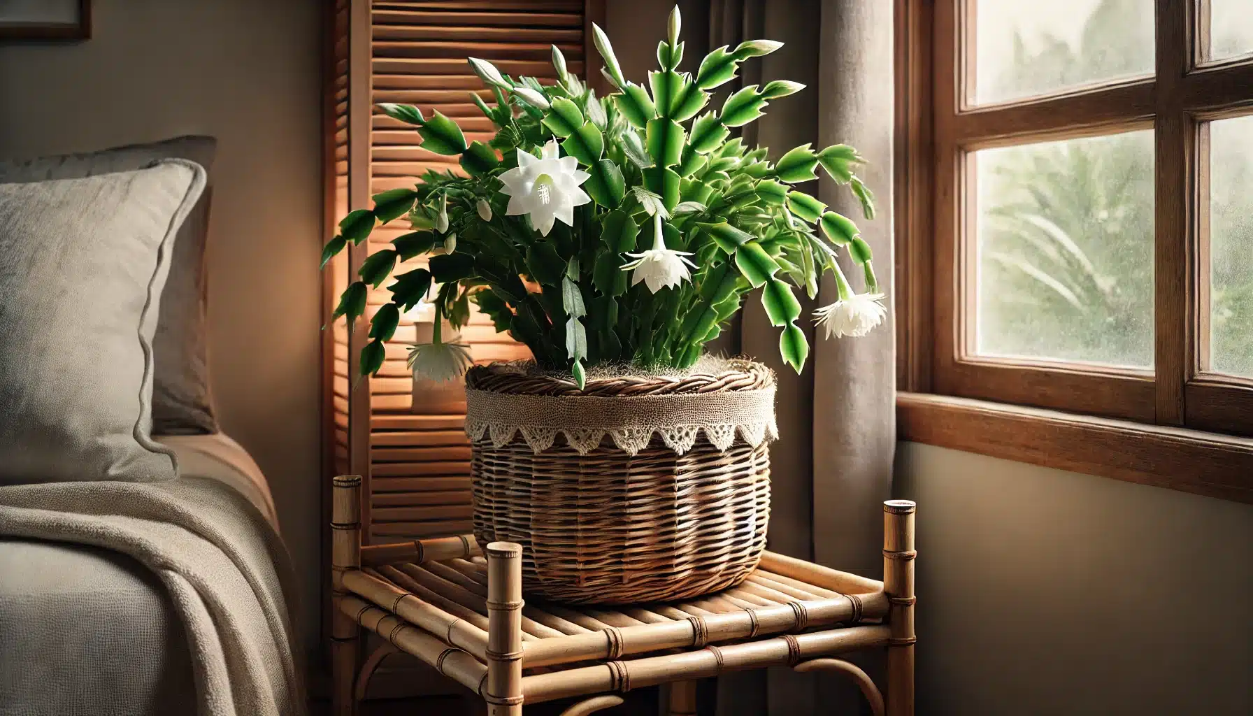 A cozy indoor scene featuring a White Christmas Cactus in a woven basket lined with a waterproof tray, placed on a bamboo or rattan stand. 