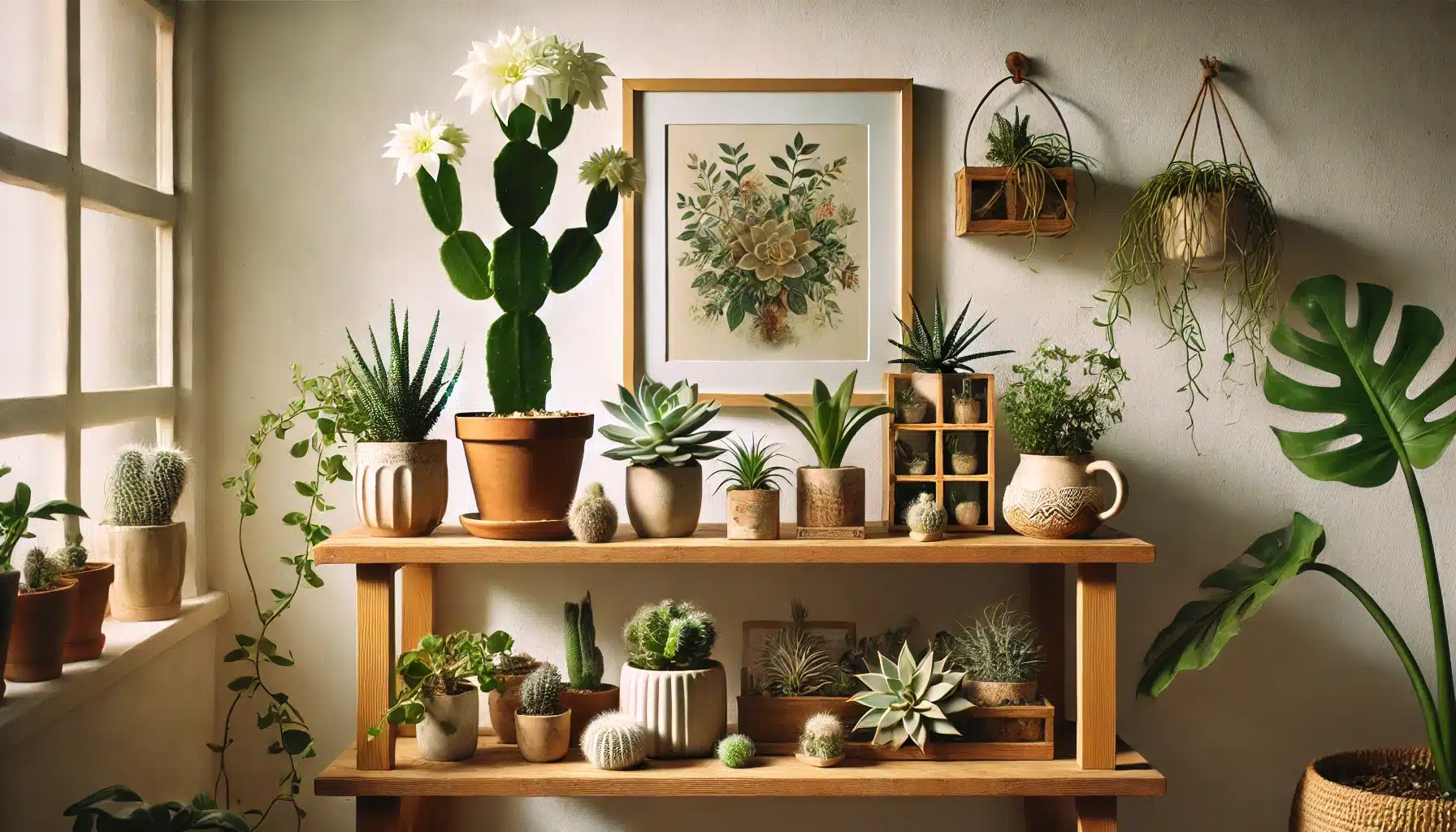 A cozy indoor scene featuring a wooden shelf with a white-blooming Christmas Cactus, small succulents, air plants, and other low-maintenance greenery