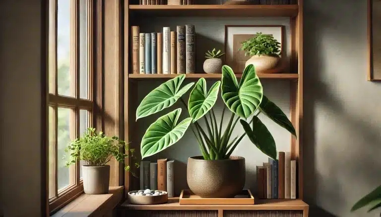 A cozy indoor setting featuring a wooden bookshelf with an Alocasia Jacklyn plant placed on a lower shelf in a ceramic planter. 