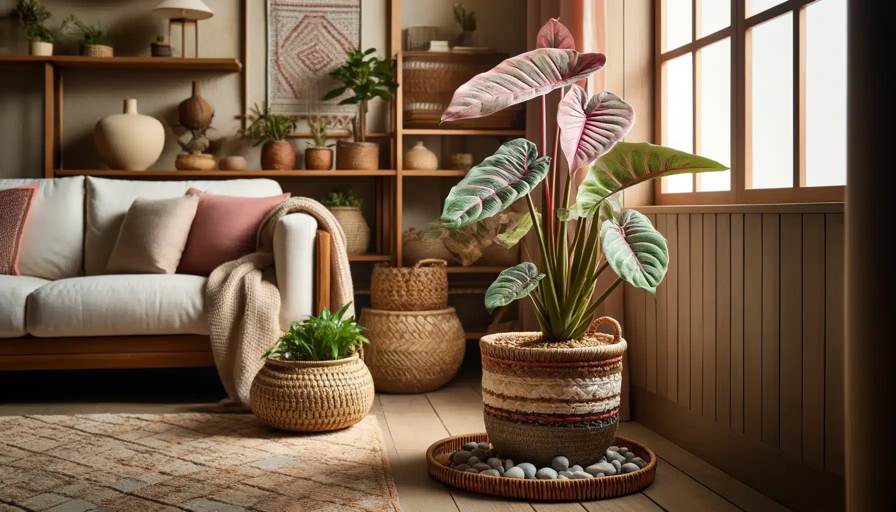 A cozy living room corner styled with a bohemian or rustic aesthetic. The Alocasia 'Pink Dragon,' in a lightweight terracotta pot in woven basket