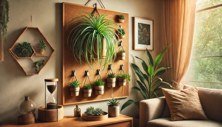 A cozy living room corner with a wall-mounted hanging planter made from a large cork board, which provides a rustic and natural backdrop. 