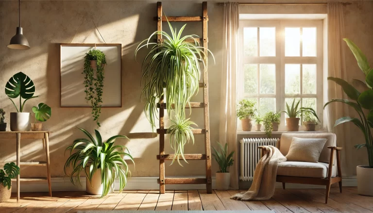 A cozy living room corner with an old, rustic wooden ladder hanging horizontally across a sunny wall, near a large window with soft, indirect sunlight