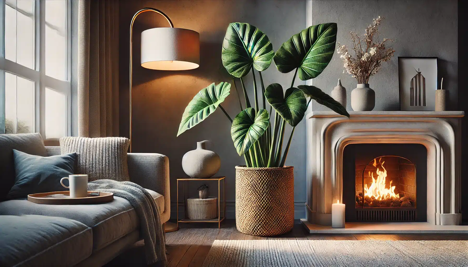 A cozy living room featuring an Alocasia ‘Regal Shield,’ less than half a foot in height, placed next to a fireplace. 