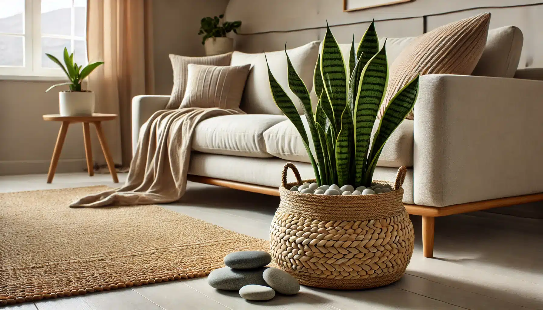 A cozy living room scene featuring a whale fin snake plant placed in a woven seagrass or recycled fabric basket with a waterproof liner. The basket is