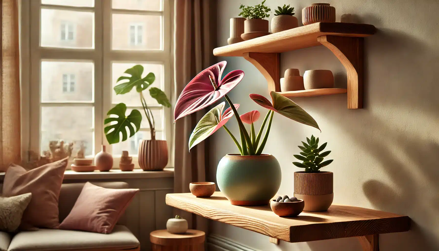 A cozy living room setup featuring a wooden floating shelf instead of glass, installed in front of a large window. 