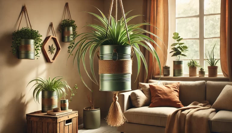 A cozy living room with a simplified hanging arrangement featuring only two or three tin cans, each painted in soft, earthy colors like sage green.