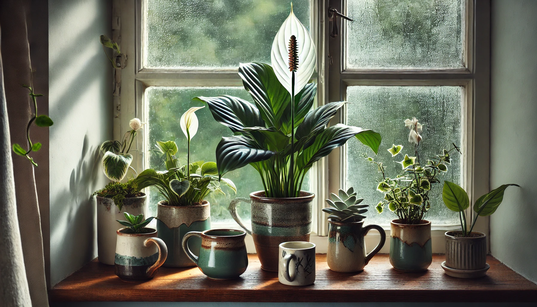 A cozy windowsill setup transformed into a mini jungle, featuring a variegated Peace Lily in a ceramic mug, placed snugly on the ledge. 