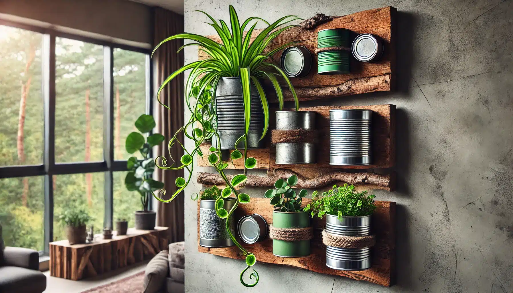 A creative DIY wall garden mounted on a piece of reclaimed wood attached to a wall, with small upcycled metal tins as planters. 