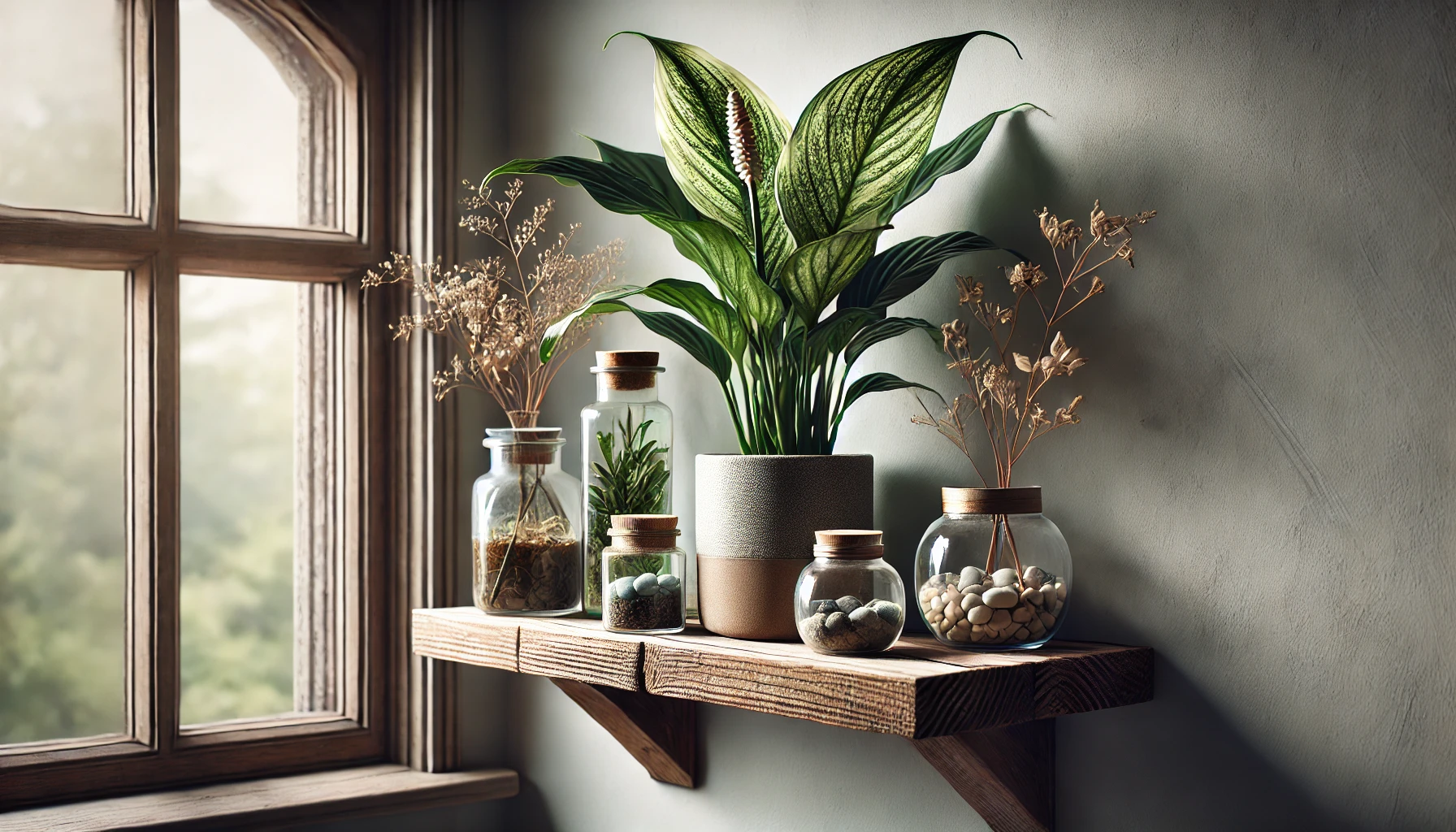 A floating shelf made of reclaimed wood installed near a window, featuring a variegated Peace Lily in a neutral-colored planter. 