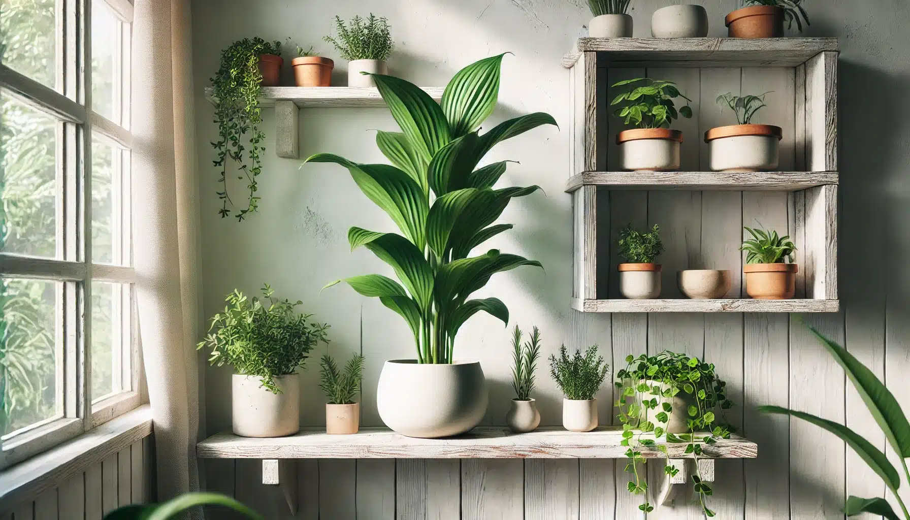 A green Chinese evergreen plant with broad leaves placed on an open, whitewashed floating shelf made of reclaimed wood. 