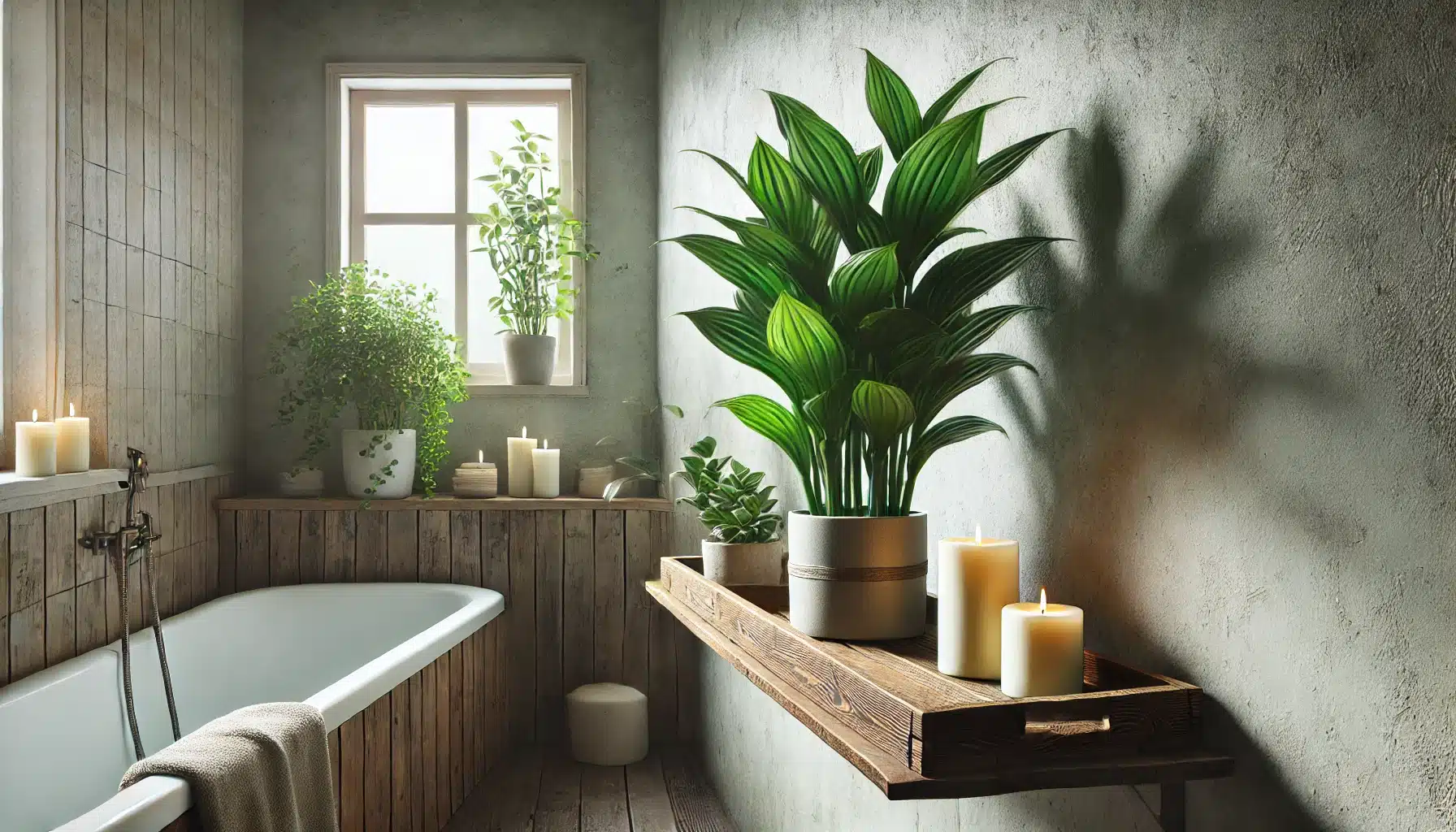 A green Chinese evergreen plant with greenish-silvery foliage placed on a recycled metal or wooden tray, accompanied by natural soy candles 