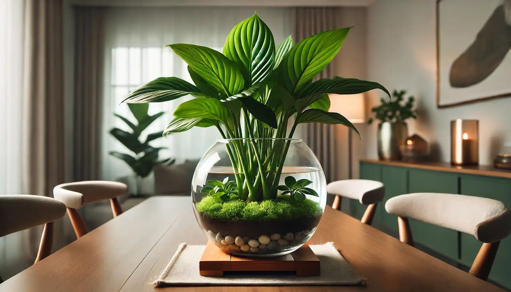 A medium-sized green Chinese evergreen plant in a glass planter placed on a dining table 