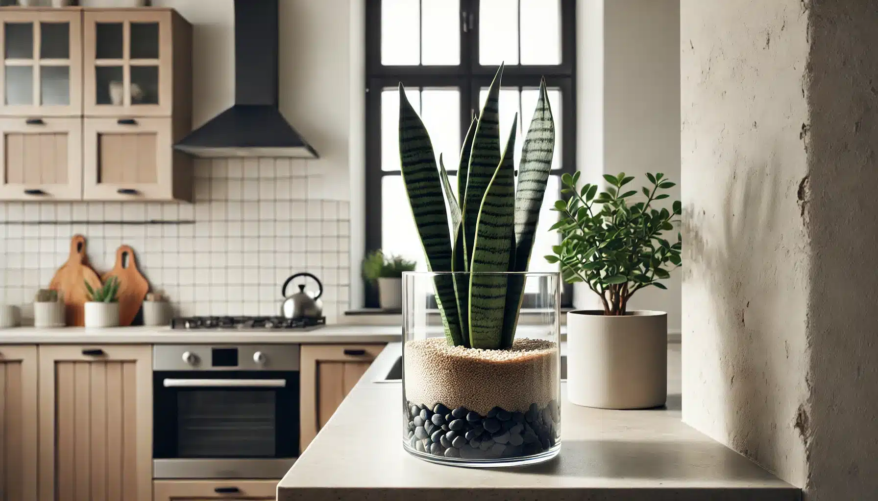 A minimalist kitchen setup featuring a Whale Fin Snake Plant placed in a wide, recycled glass container. 