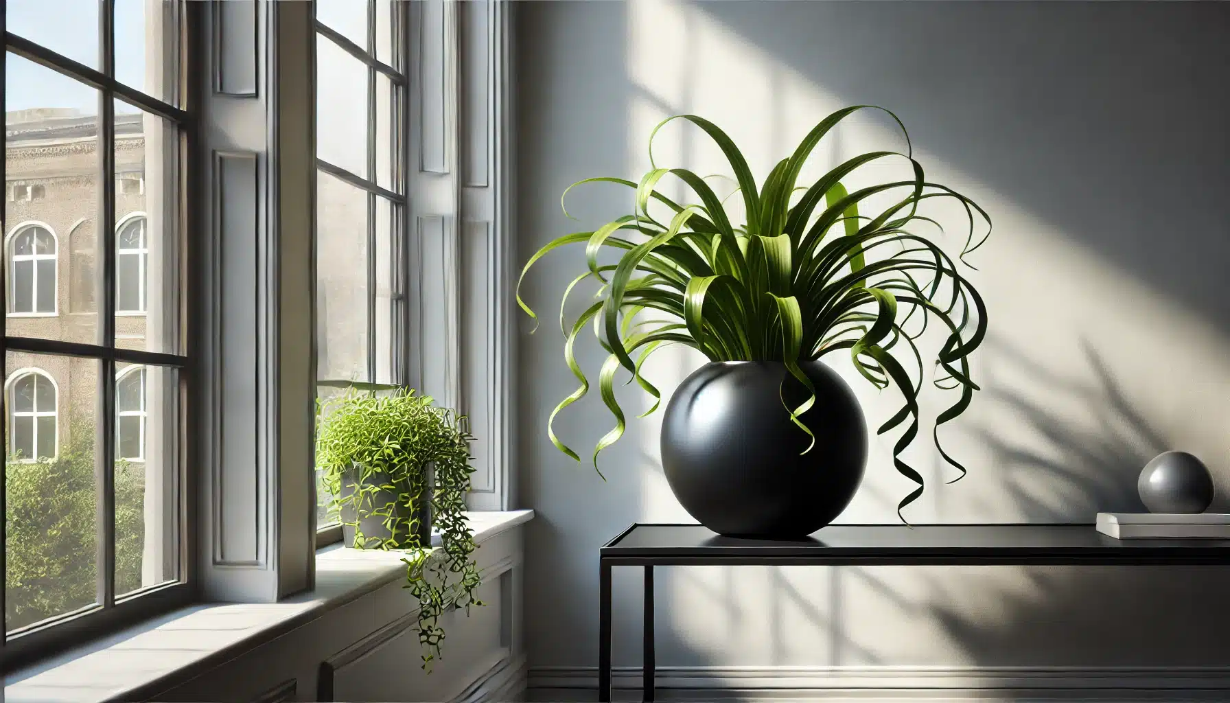 A minimalist scene featuring a glossy black ceramic pot holding a lush curly Spider Plant with trailing green foliage. 