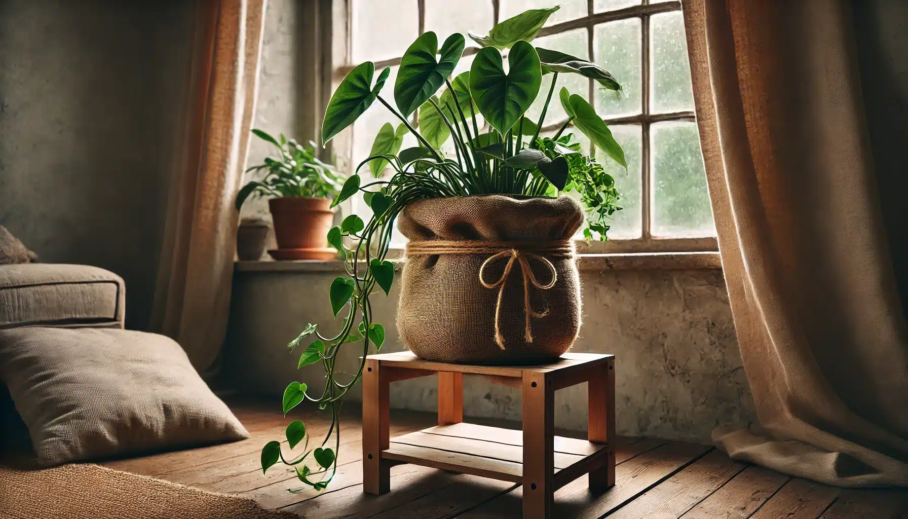 A rustic indoor plant setup featuring a Philodendron Micans in a pot wrapped in natural burlap cloth, secured with twine for a farmhouse-style look. T