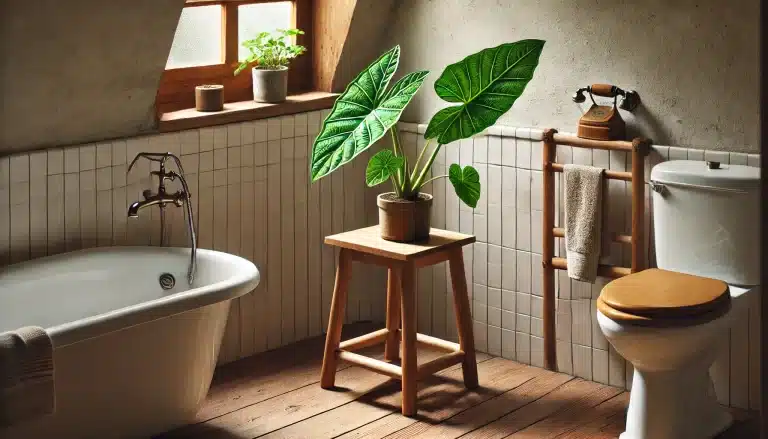 A simple, rustic bathroom nook with a natural wood plant stand holding a very small Alocasia Jacklyn plant.