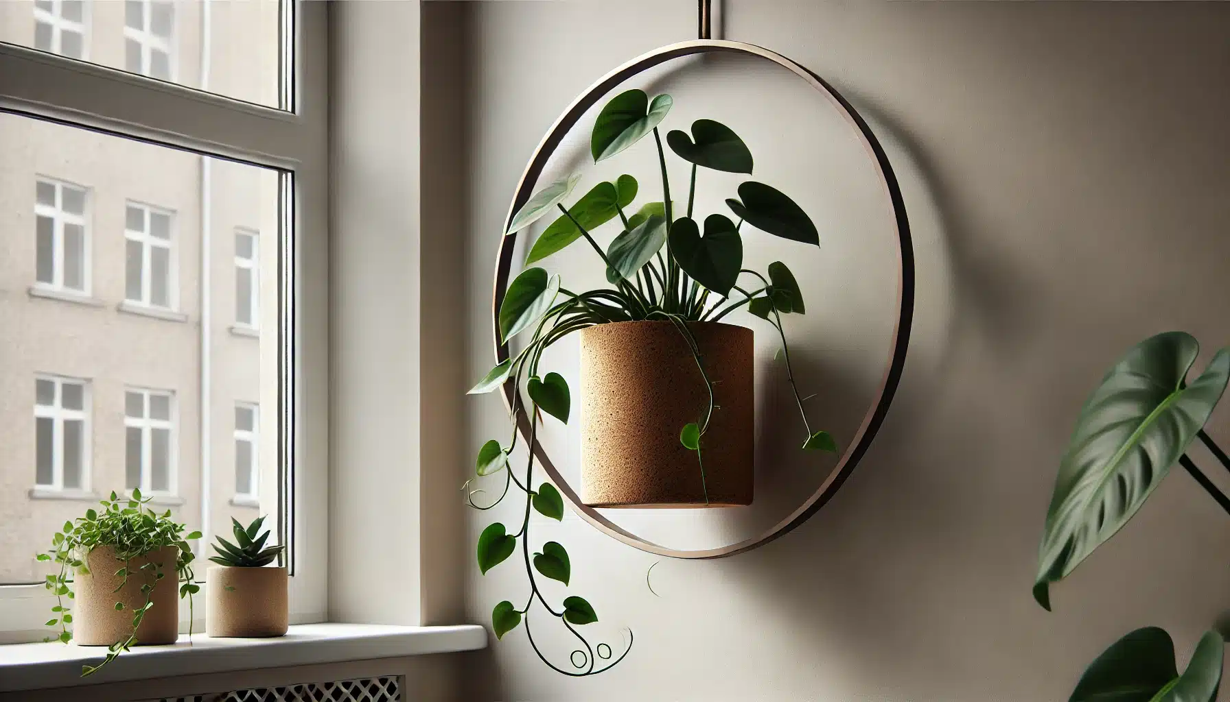 A stylish indoor plant setup featuring a Philodendron Micans in a cork planter mounted on a wall within a minimalist metal ring or circular holder. 