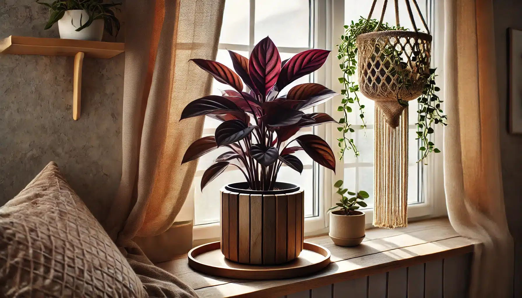 A stylish indoor setting featuring a plant with deep burgundy leaves in a reclaimed wood planter, positioned near an east-facing window that lets in.