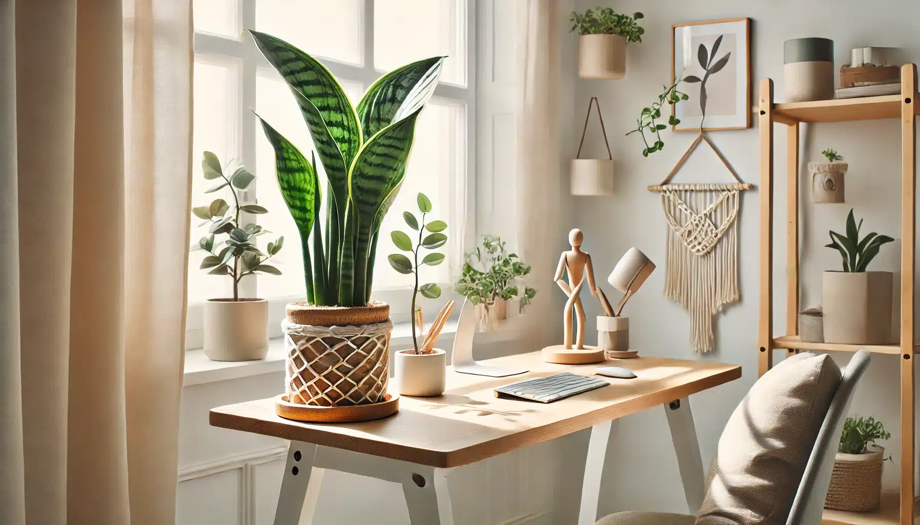 A stylish standing desk situated near a window with natural light streaming in. The desk features a bamboo or cork planter holding a whale fin snake p