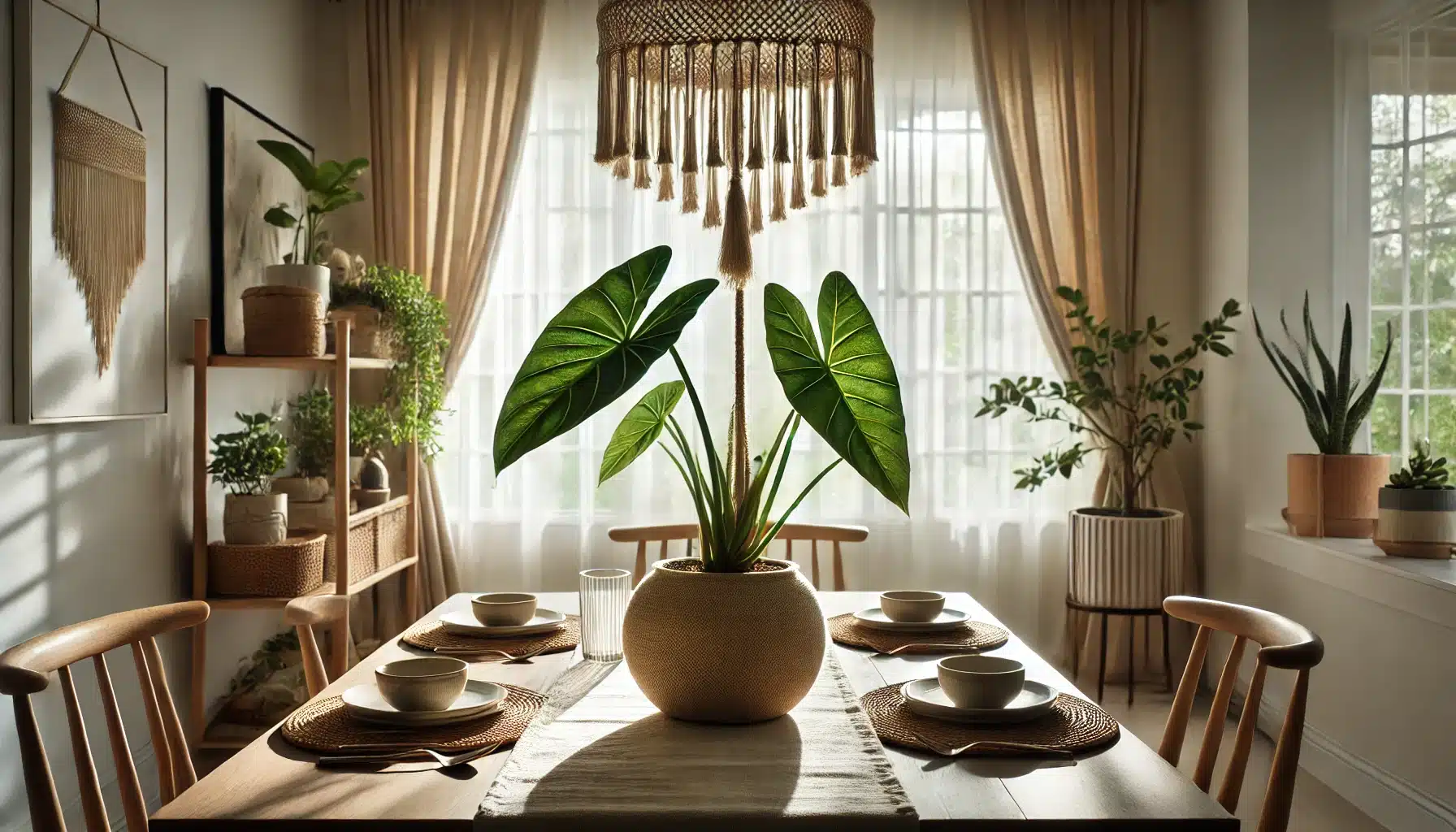 An Alocasia Regal Shield plant, now less than half a foot in size, placed in a large fiber pot hanging from a macramé plant holder.