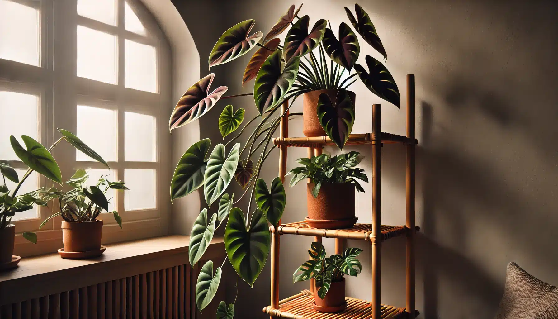 An indoor plant setup featuring a Philodendron Micans with velvety, deep green and burgundy leaves in a terracotta pot, placed on the upper tier.