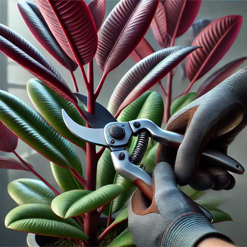 Close-up of gloved hands using pruning shears, with the blades positioned accurately at the node of a burgundy rubber plant