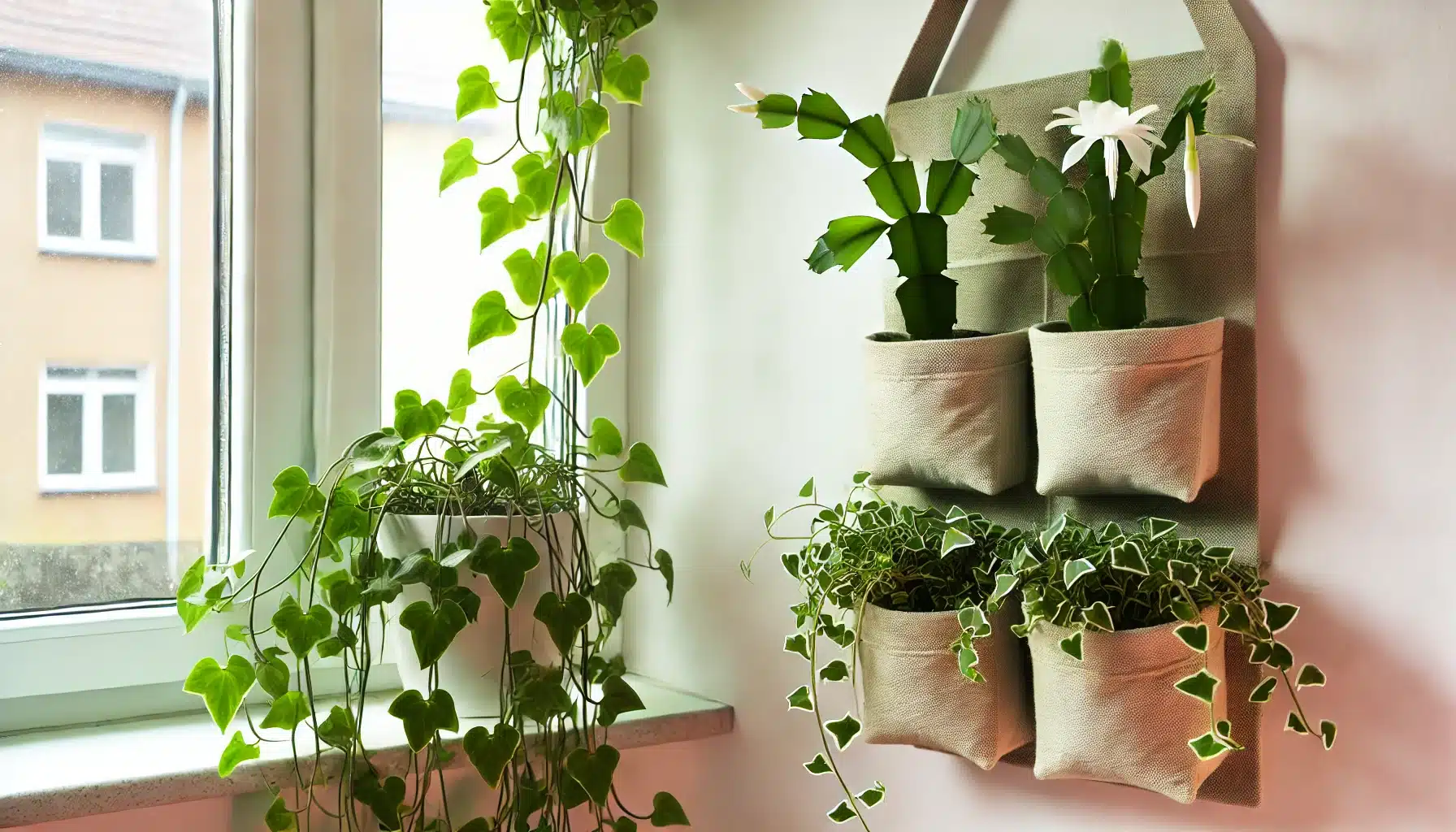 Indoor scene with a wall-mounted, multi-pocket hanging planter with a fabric backing, holding a white-blooming Christmas Cactus