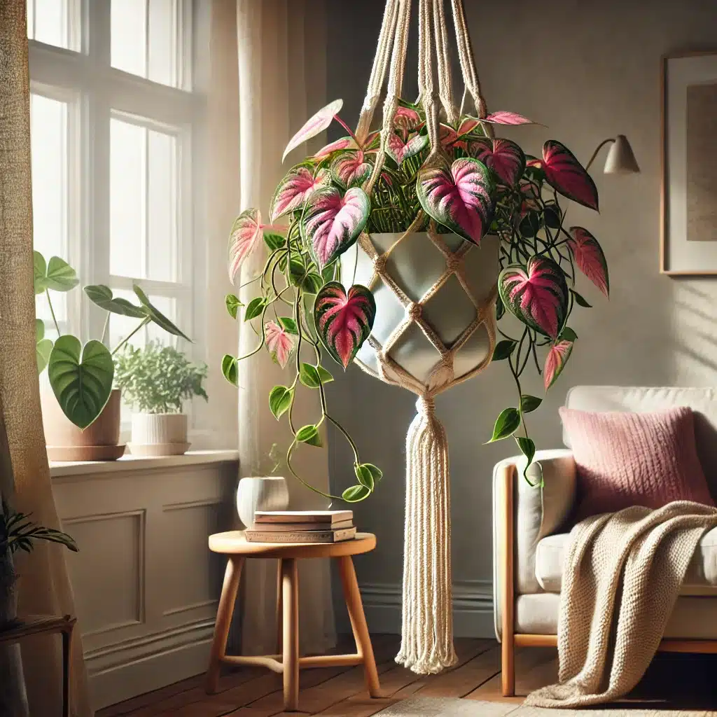 Pink princess philodendron in a hanging macrame planter in a white ceramic pot in front of the south facing window